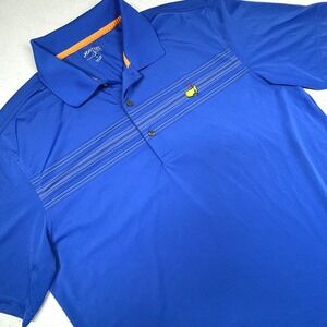 Masters Tech‎ Golf Polo Shirt Mens Large Performance Blue Striped Logo Flag EUC